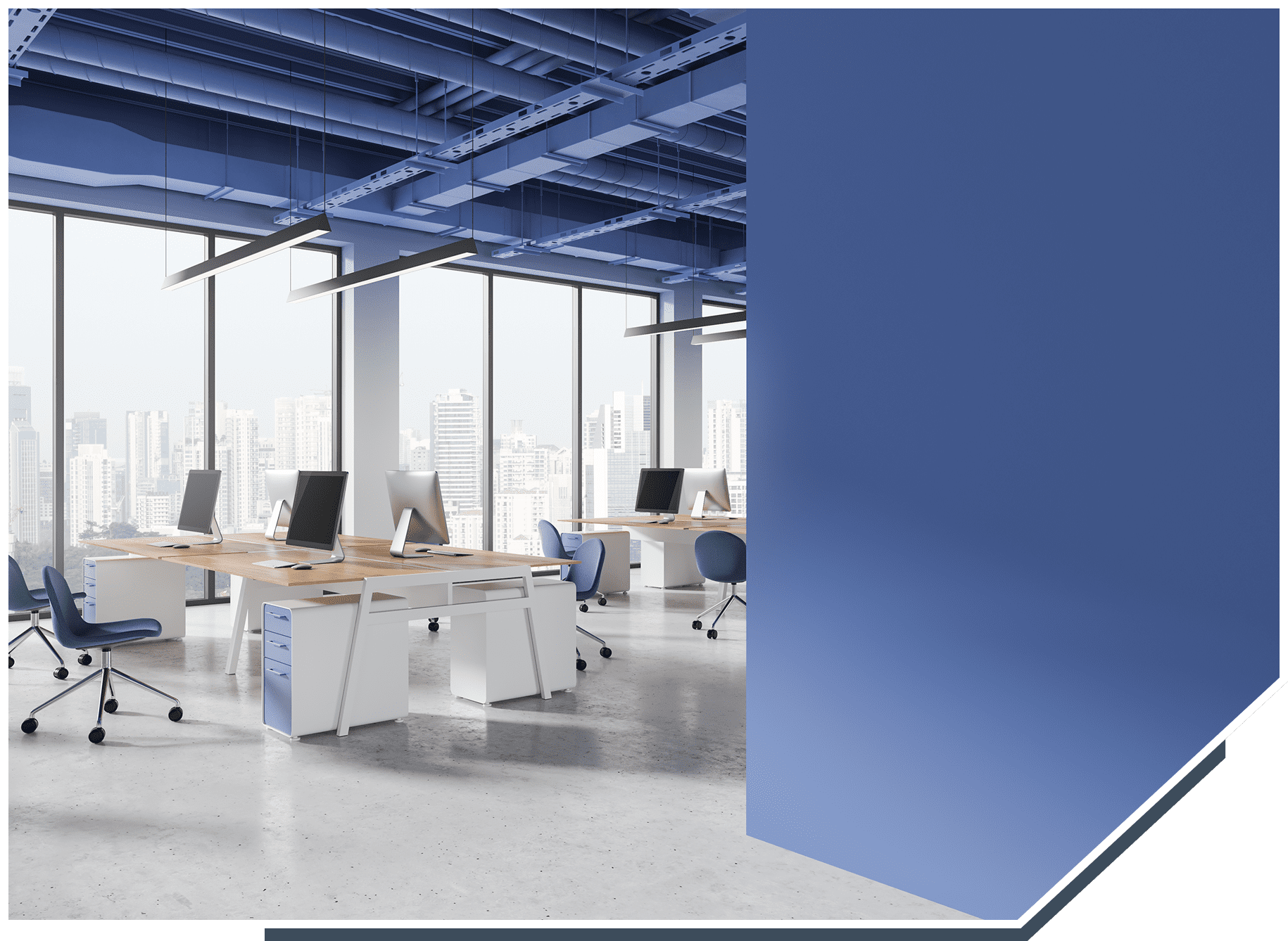 Modern office space with blue accents, multiple wooden desks, chairs, and computers. Large windows offer a cityscape view in the background.